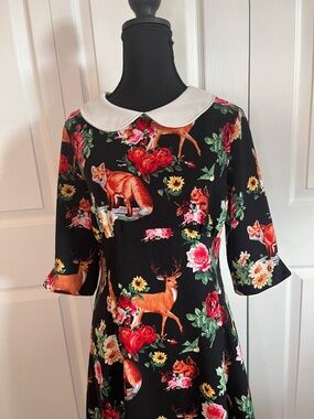 Hell Bunny Vixen Fit-and-Flare Retro Dress Peter Pan Collar Woodland Creatures M